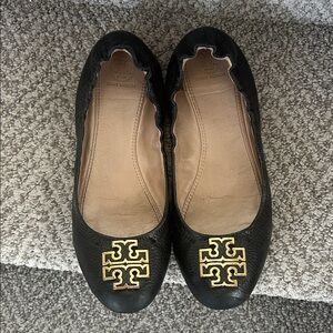 Tory Burch Black Flats with Gold Logo